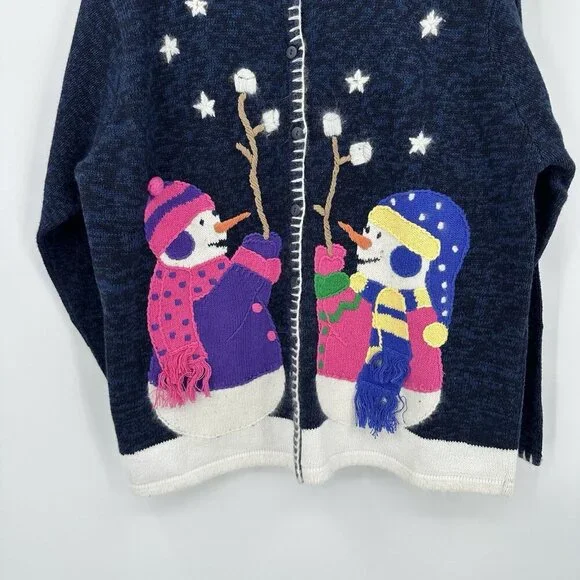 QUACKER FACTORY cardigan sweater snowmen winter smores embellished quirky XL - Picture 4 of 8